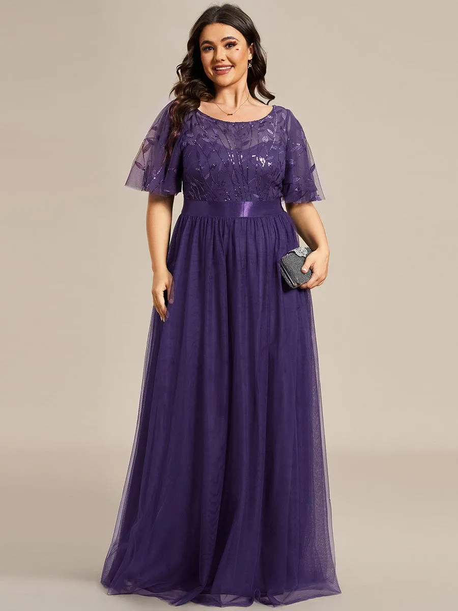 Plus Size Women's Embroidery Bridesmaid Dress with Short Sleeve