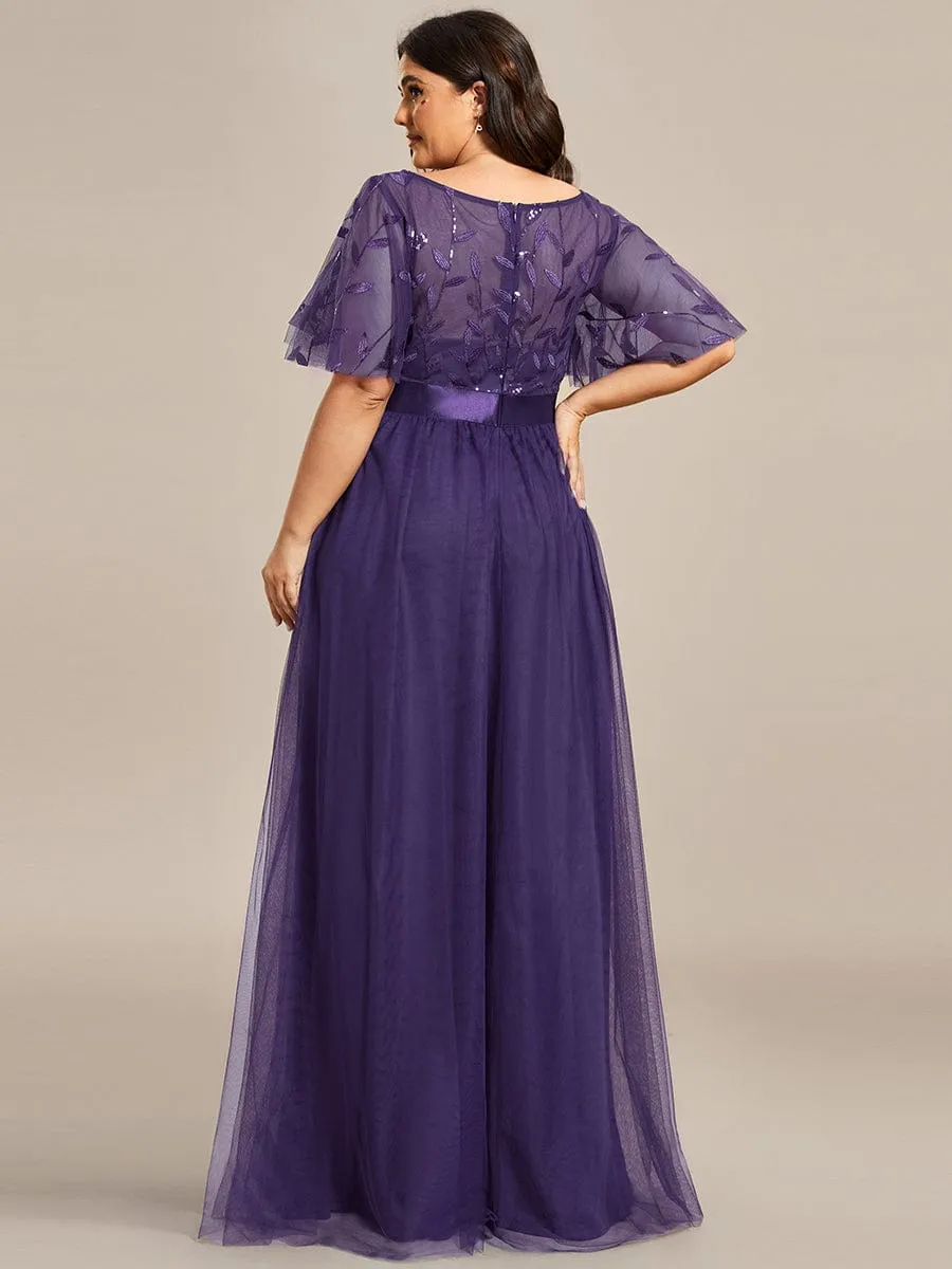 Plus Size Women's Embroidery Bridesmaid Dress with Short Sleeve