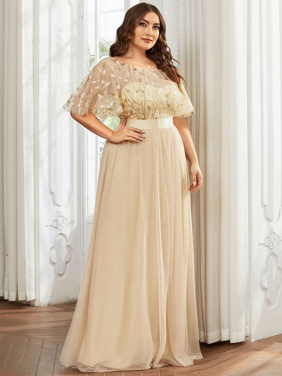 Plus Size Women's Embroidery Bridesmaid Dress with Short Sleeve