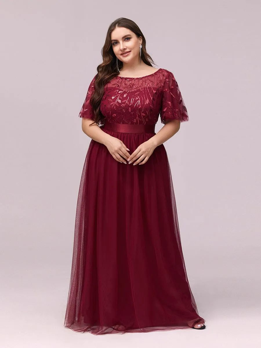 Plus Size Women's Embroidery Bridesmaid Dress with Short Sleeve