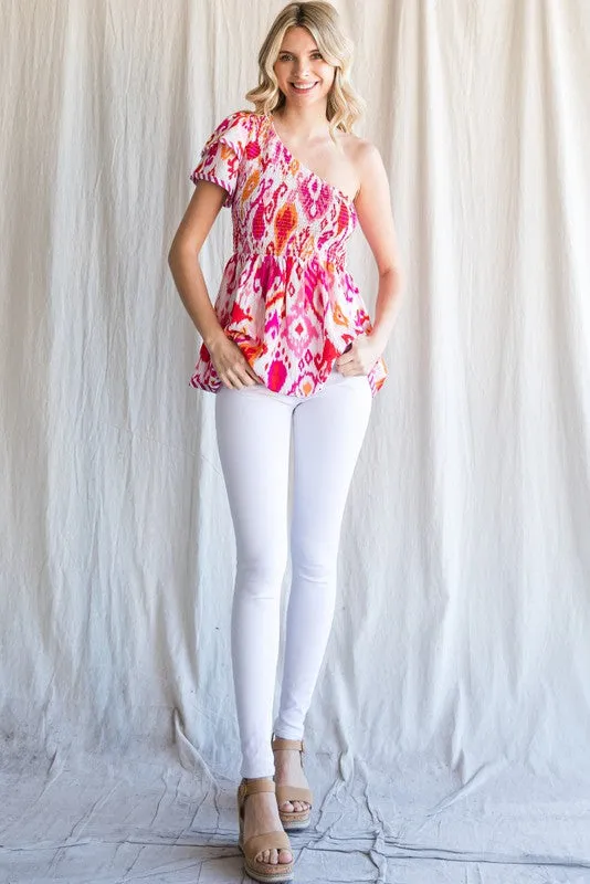 Print Peplum Smocked Top