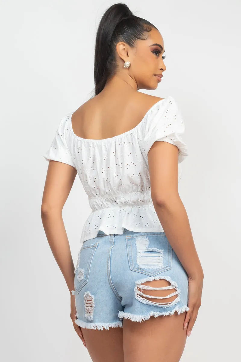 Puff Sleeve Eyelet Peplum Top