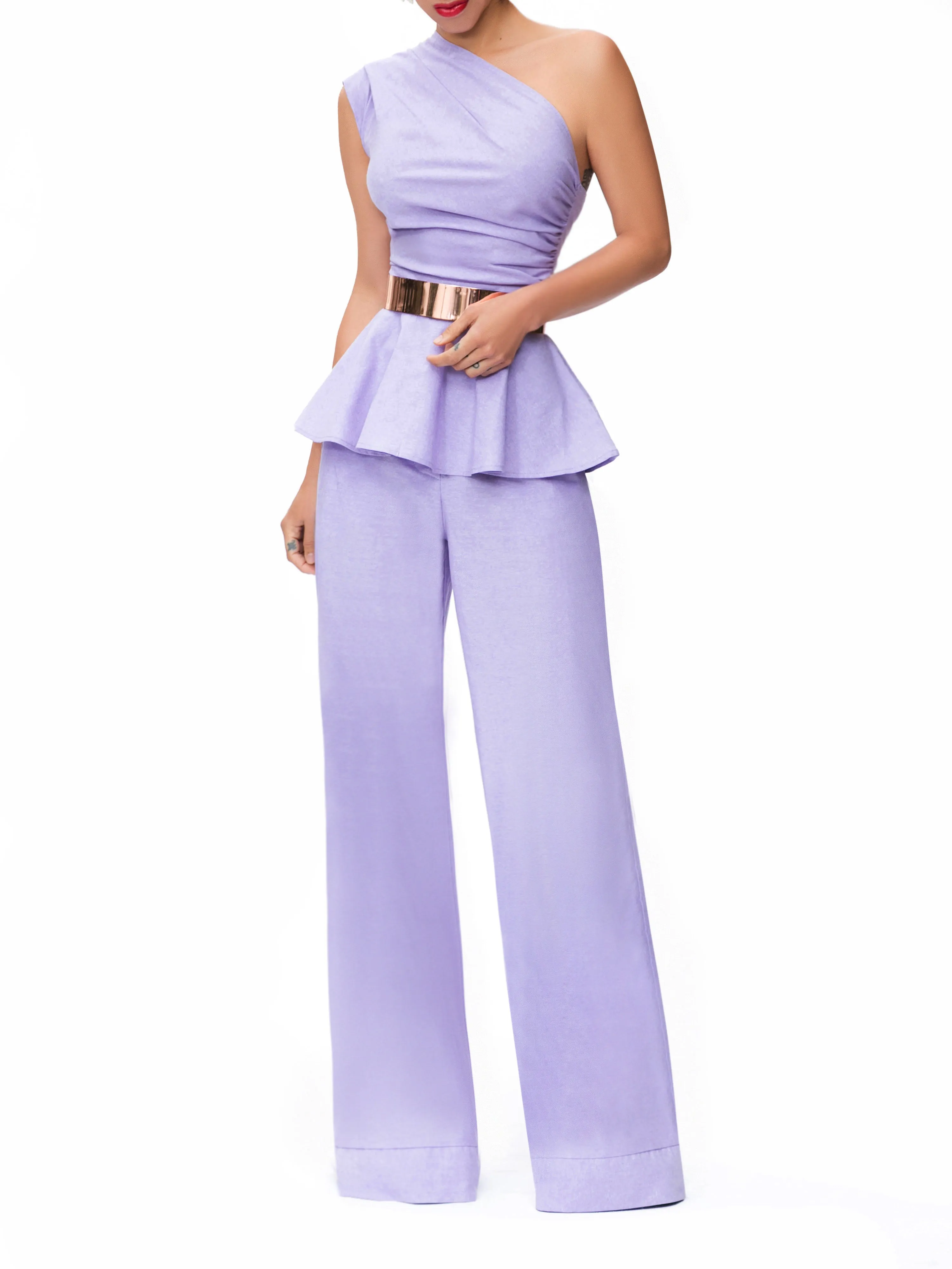 "Mykonos" Lavender One Shoulder Peplum Top