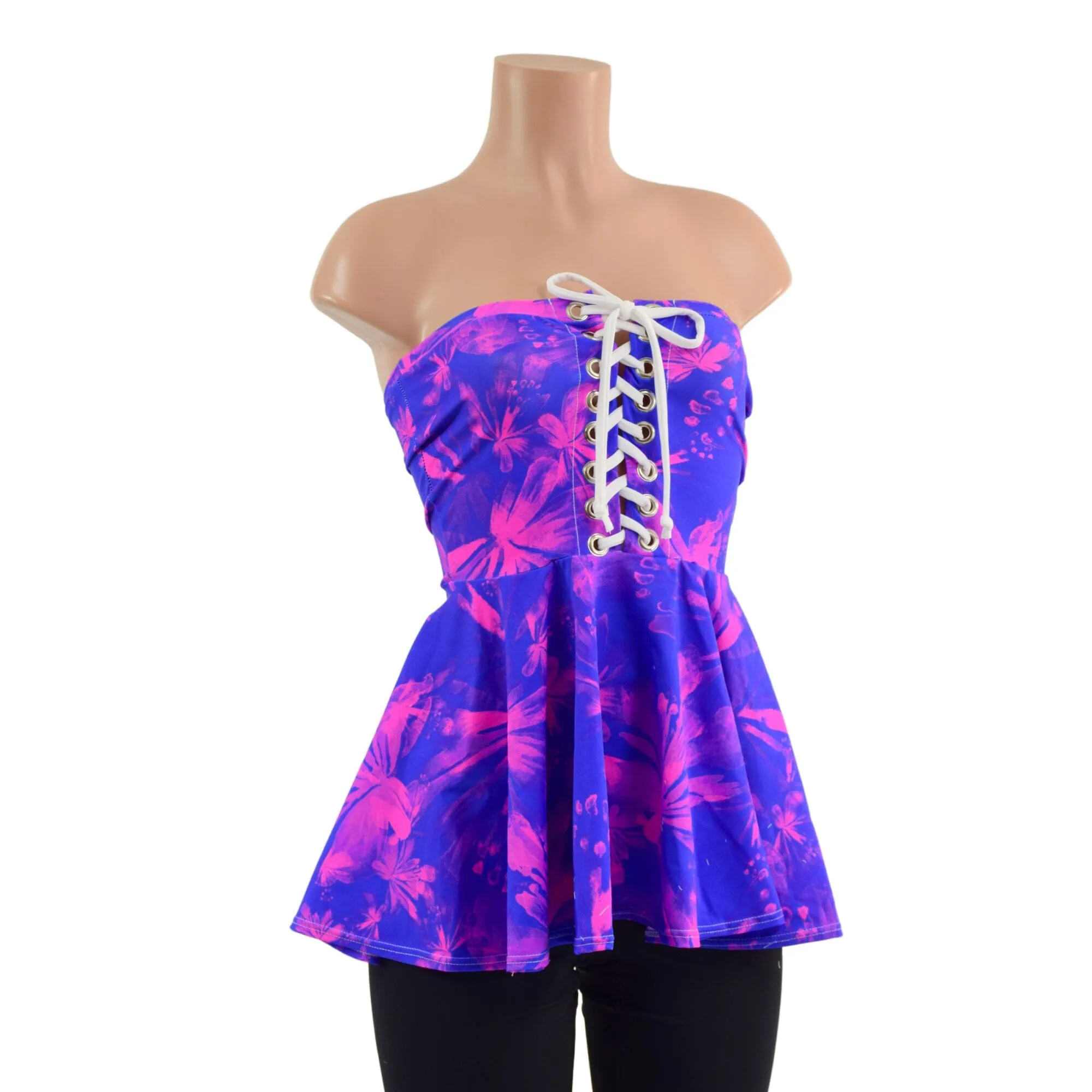 Radiant Rainforest Print Laceup Peplum Top