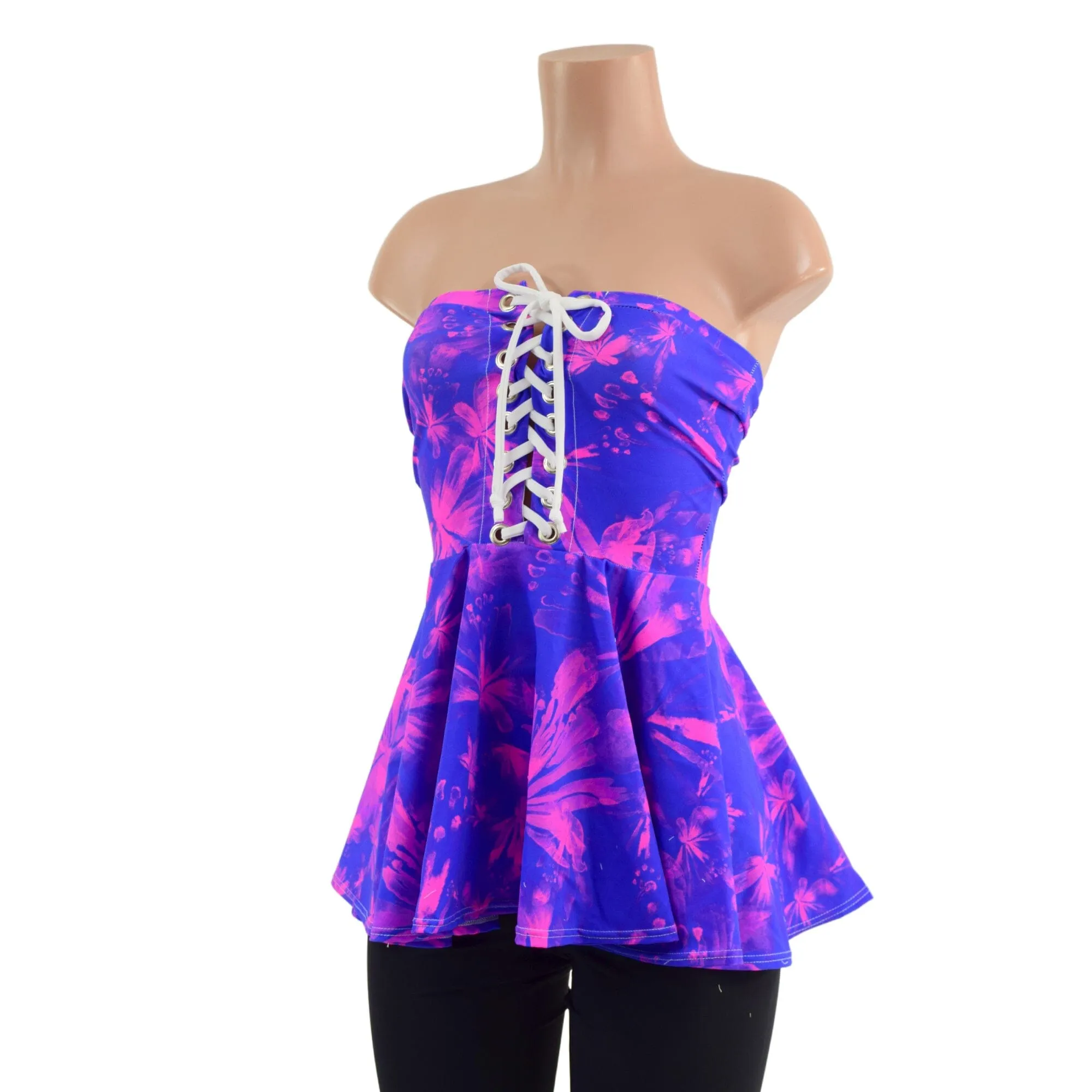 Radiant Rainforest Print Laceup Peplum Top