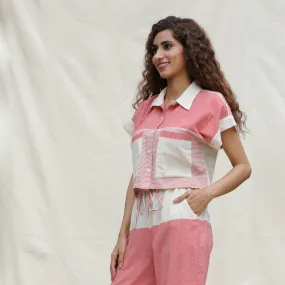 Red and Beige Striped 100% Cotton Button-Down Cropped Shirt