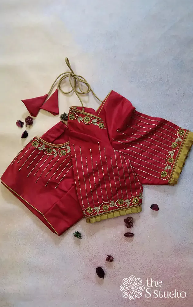 Red kanchi silk readymade blouse with embroidery