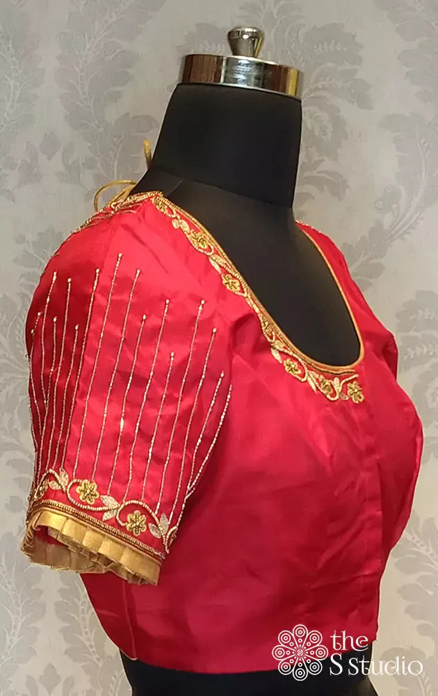 Red kanchi silk readymade blouse with embroidery