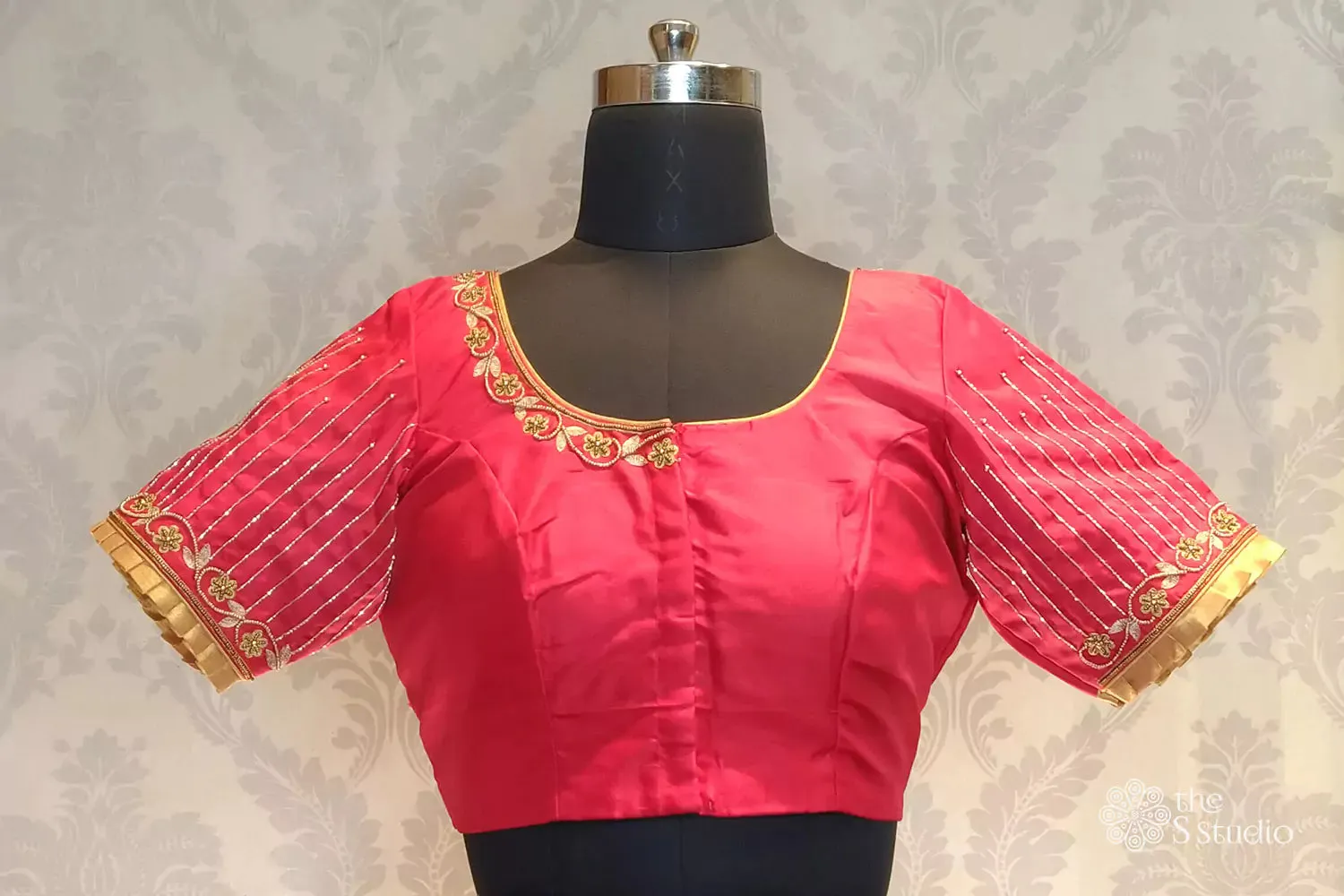 Red kanchi silk readymade blouse with embroidery