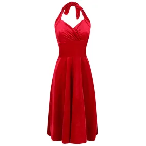 Red Velour Halterneck Empire Waist 50s Swing Dress