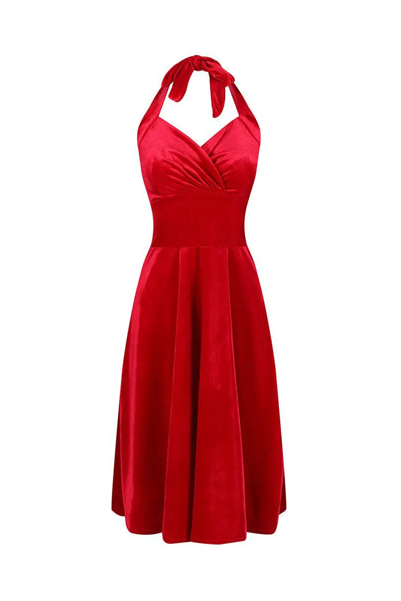 Red Velour Halterneck Empire Waist 50s Swing Dress