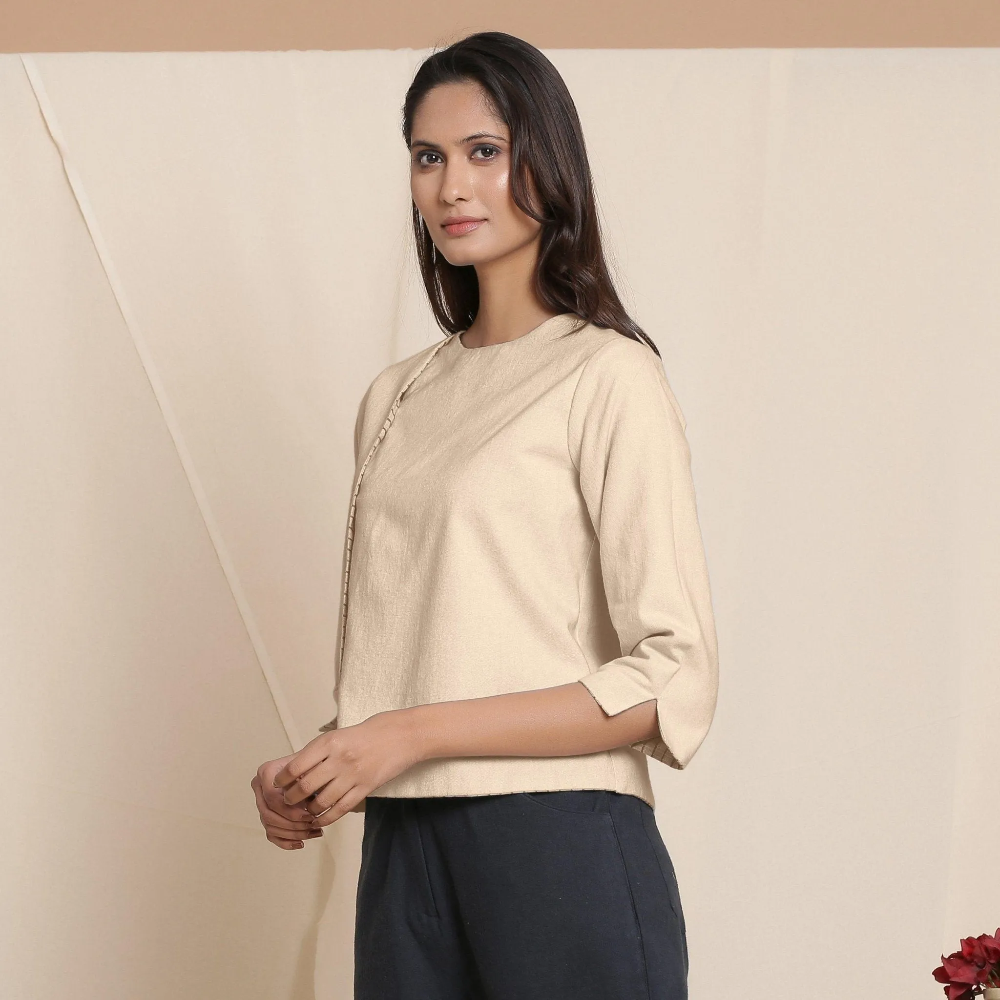 Reversible Dusk Beige Warm Cotton Button-Down Top