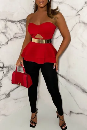 Romantic Chic Red Cut Out Peplum Scuba Top