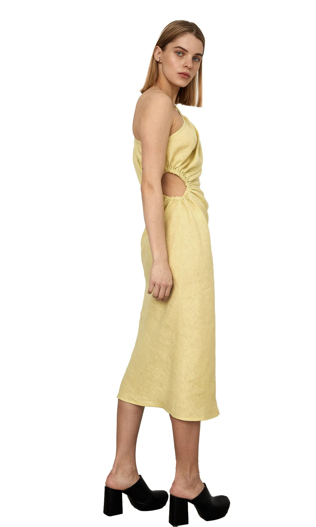 RUCHED ONE-SHOULDER LIME YELLOW DRESS