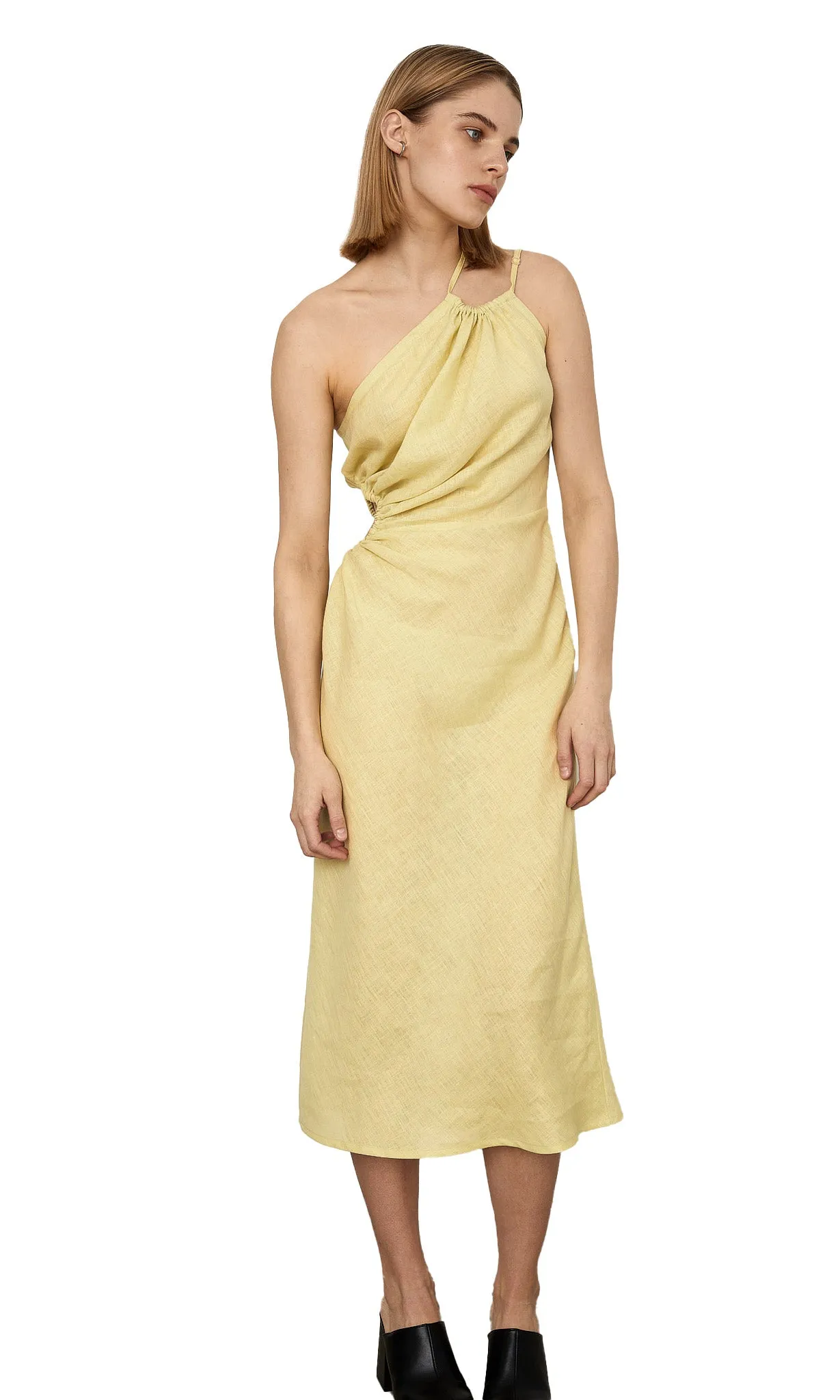 RUCHED ONE-SHOULDER LIME YELLOW DRESS