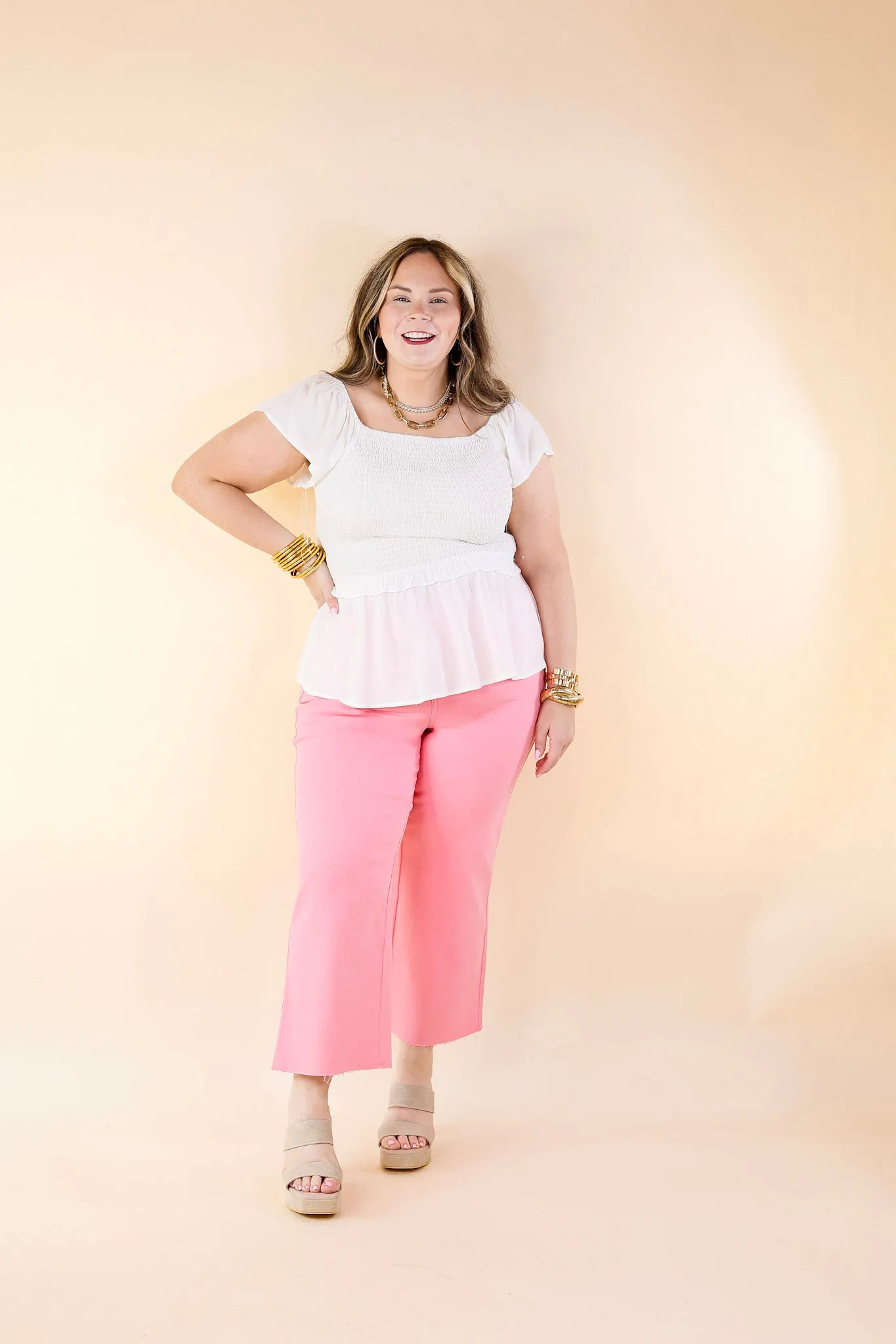 Ruffle Me Up Smocked Bodice Peplum Top with Ruffle Cap Sleeves in White