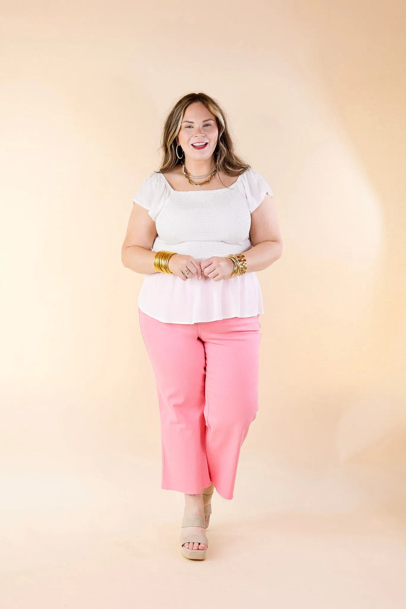 Ruffle Me Up Smocked Bodice Peplum Top with Ruffle Cap Sleeves in White