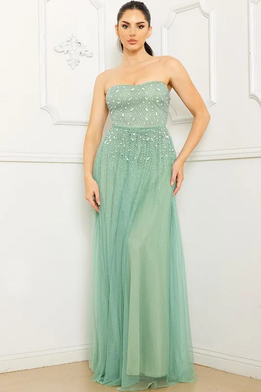 Sage Glittered And Rhinestone Tubetop Maxi Dress