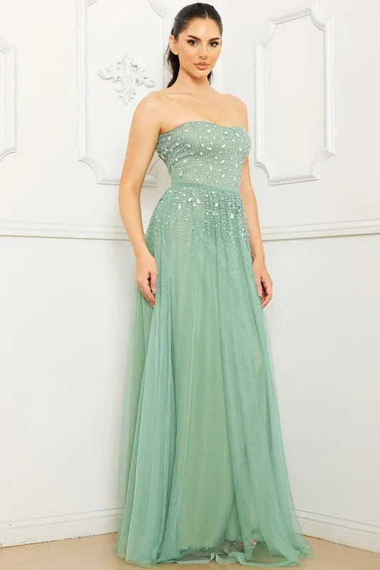 Sage Glittered And Rhinestone Tubetop Maxi Dress