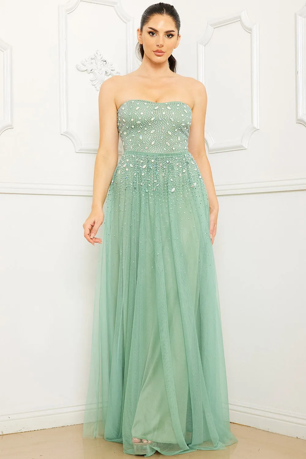 Sage Glittered And Rhinestone Tubetop Maxi Dress