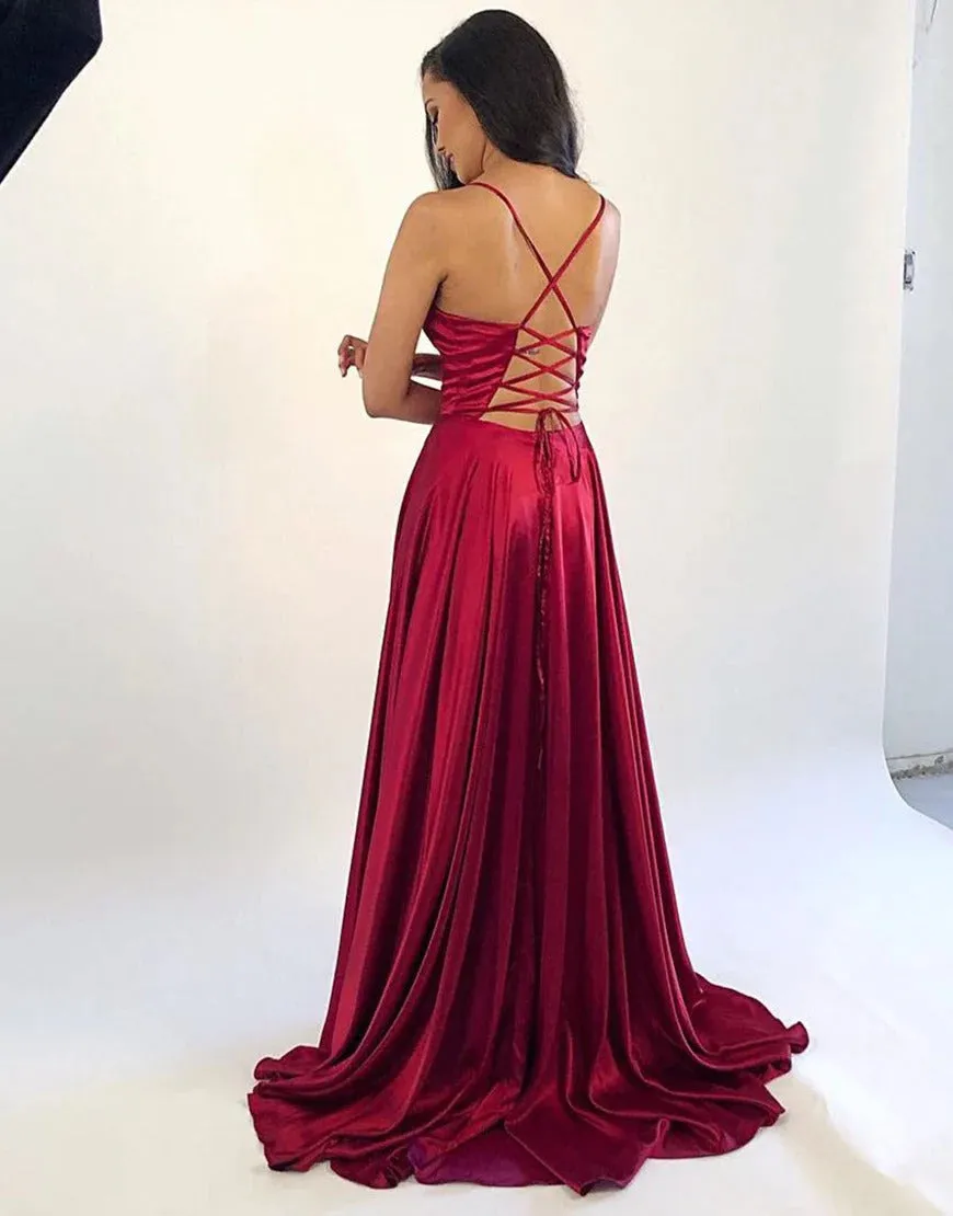 Satin Long Dark A Line Red Prom Dresses