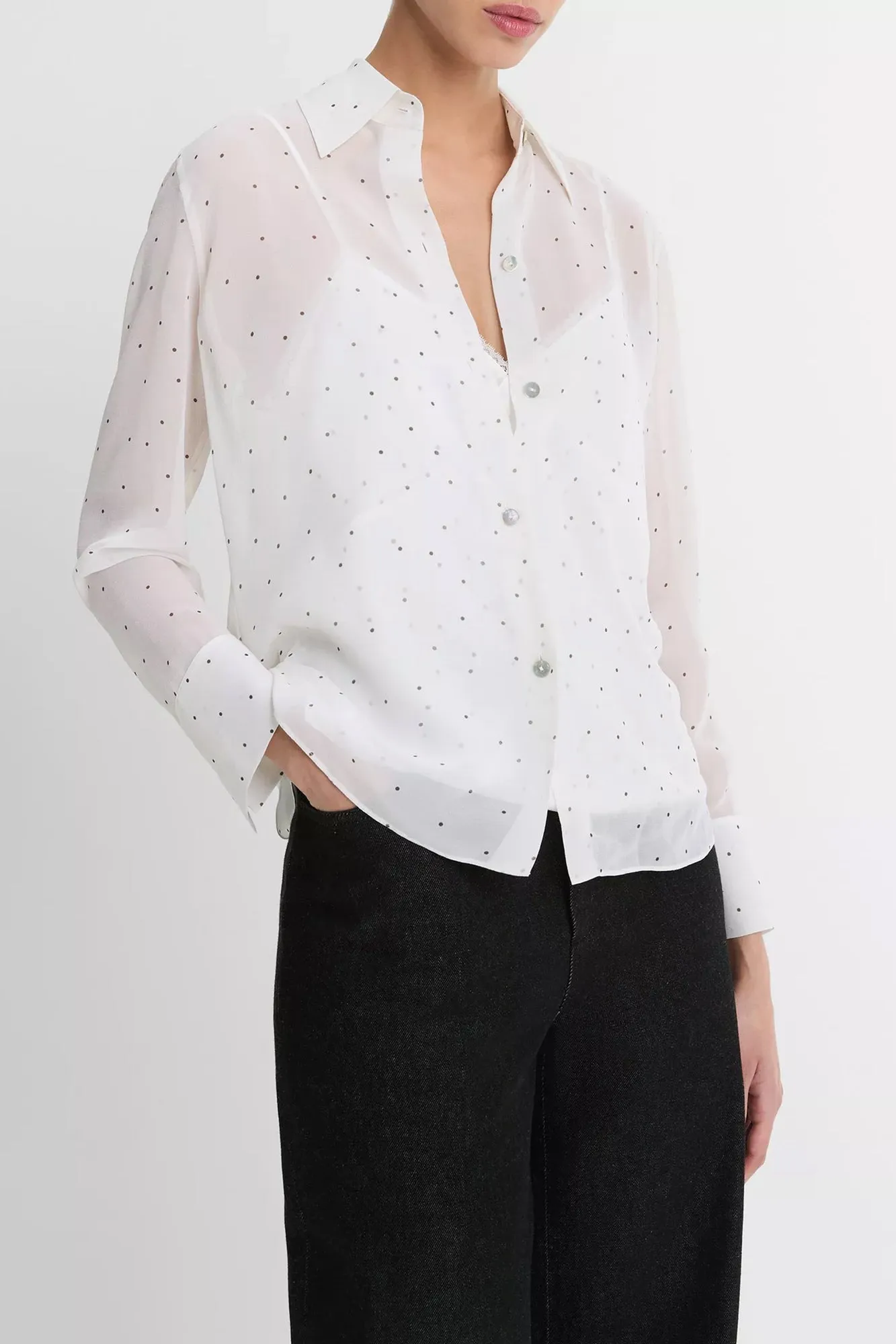 Sheer Dot-Print Blouse With Silk Lace Trim Cami White/Grey