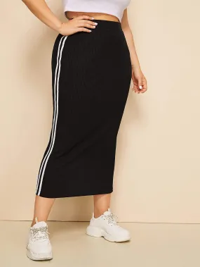 SHEIN Plus Striped Tape Side Ribbed Pencil Skirt