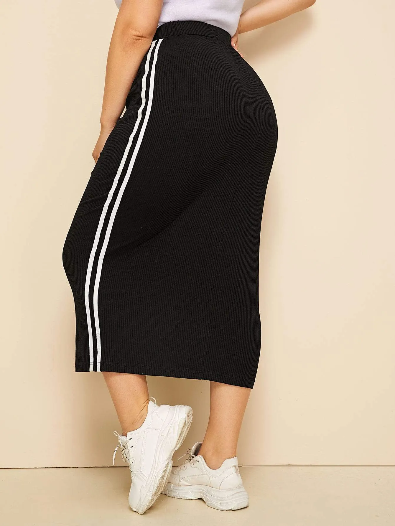 SHEIN Plus Striped Tape Side Ribbed Pencil Skirt