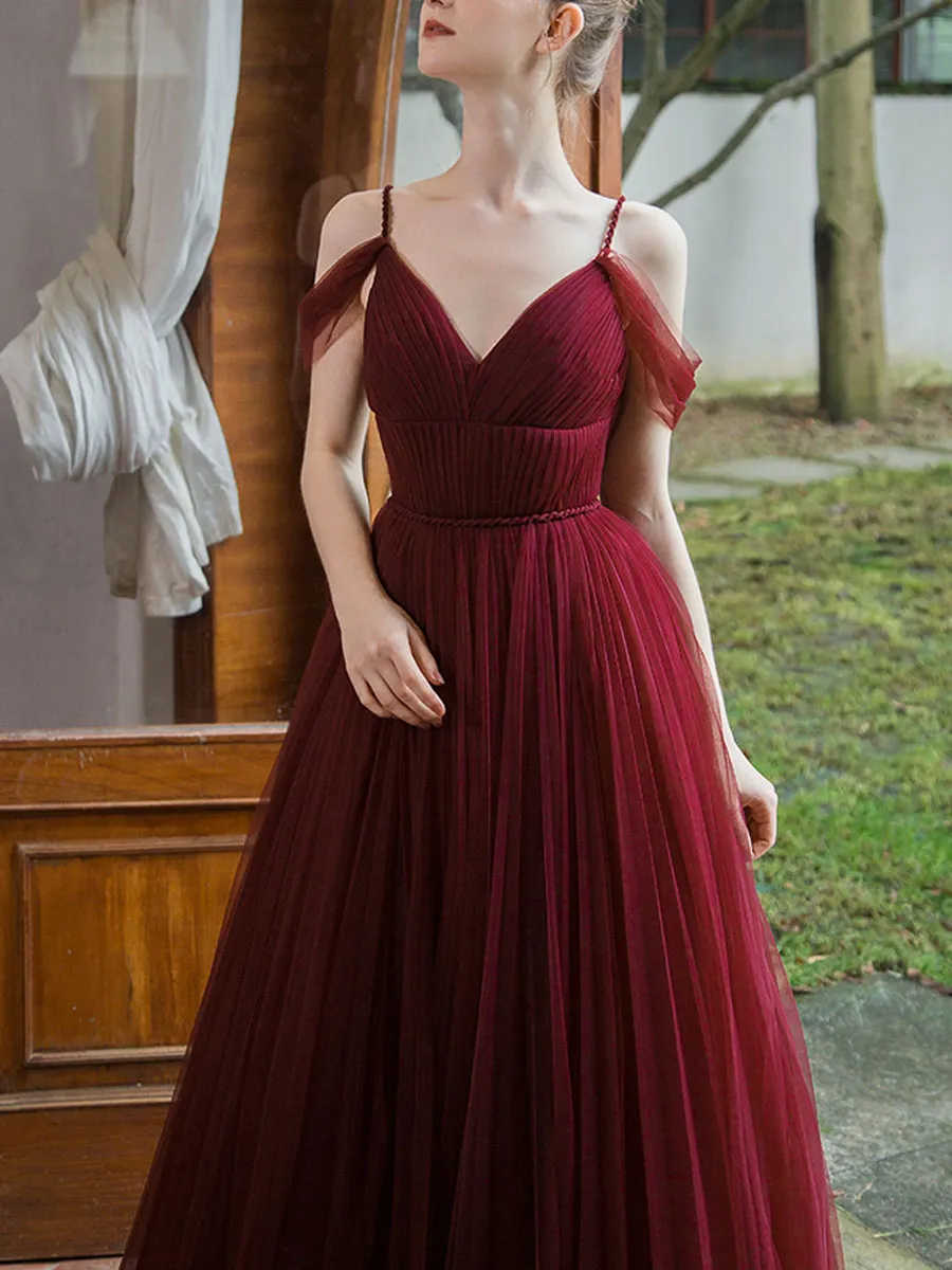 Simple Burgundy V Neck Tulle Long Prom Dress, Burgundy Bridesmaid Dress