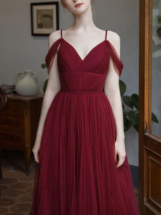 Simple Burgundy V Neck Tulle Long Prom Dress, Burgundy Bridesmaid Dress