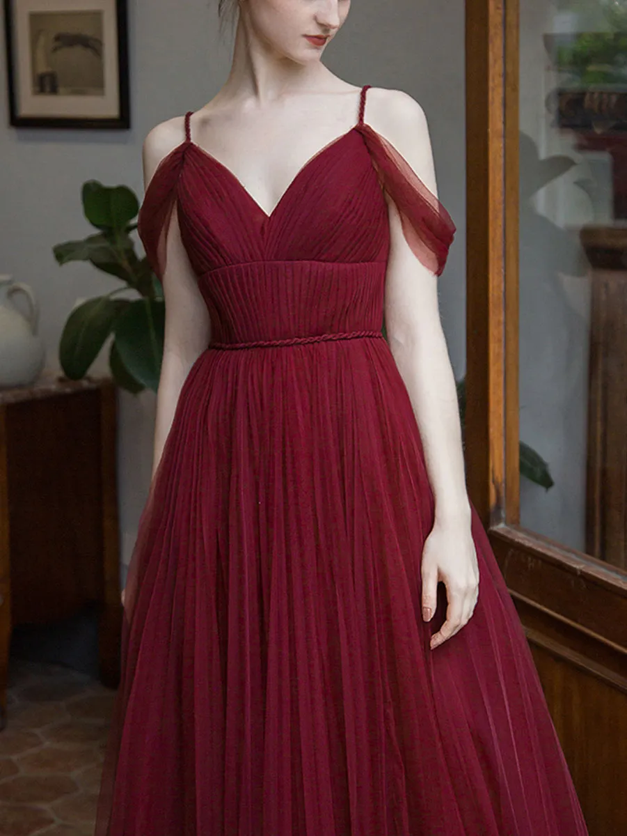 Simple Burgundy V Neck Tulle Long Prom Dress, Burgundy Bridesmaid Dress