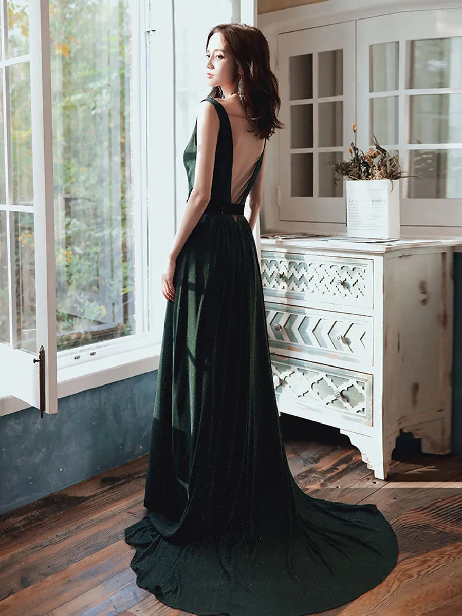 Simple Green V Neck Long Prom Dresses, Green Evening Dresses