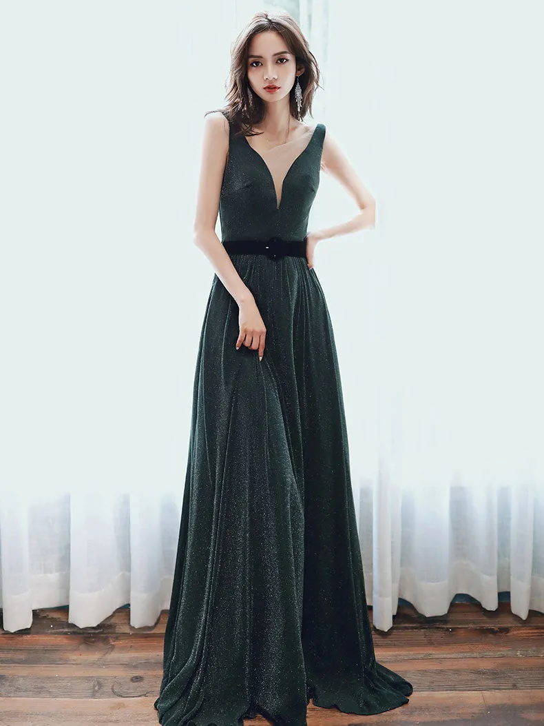 Simple Green V Neck Long Prom Dresses, Green Evening Dresses