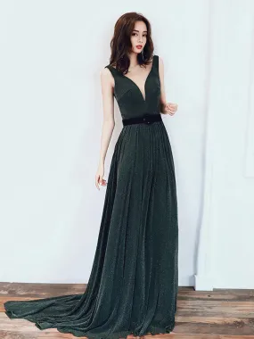 Simple Green V Neck Long Prom Dresses, Green Evening Dresses