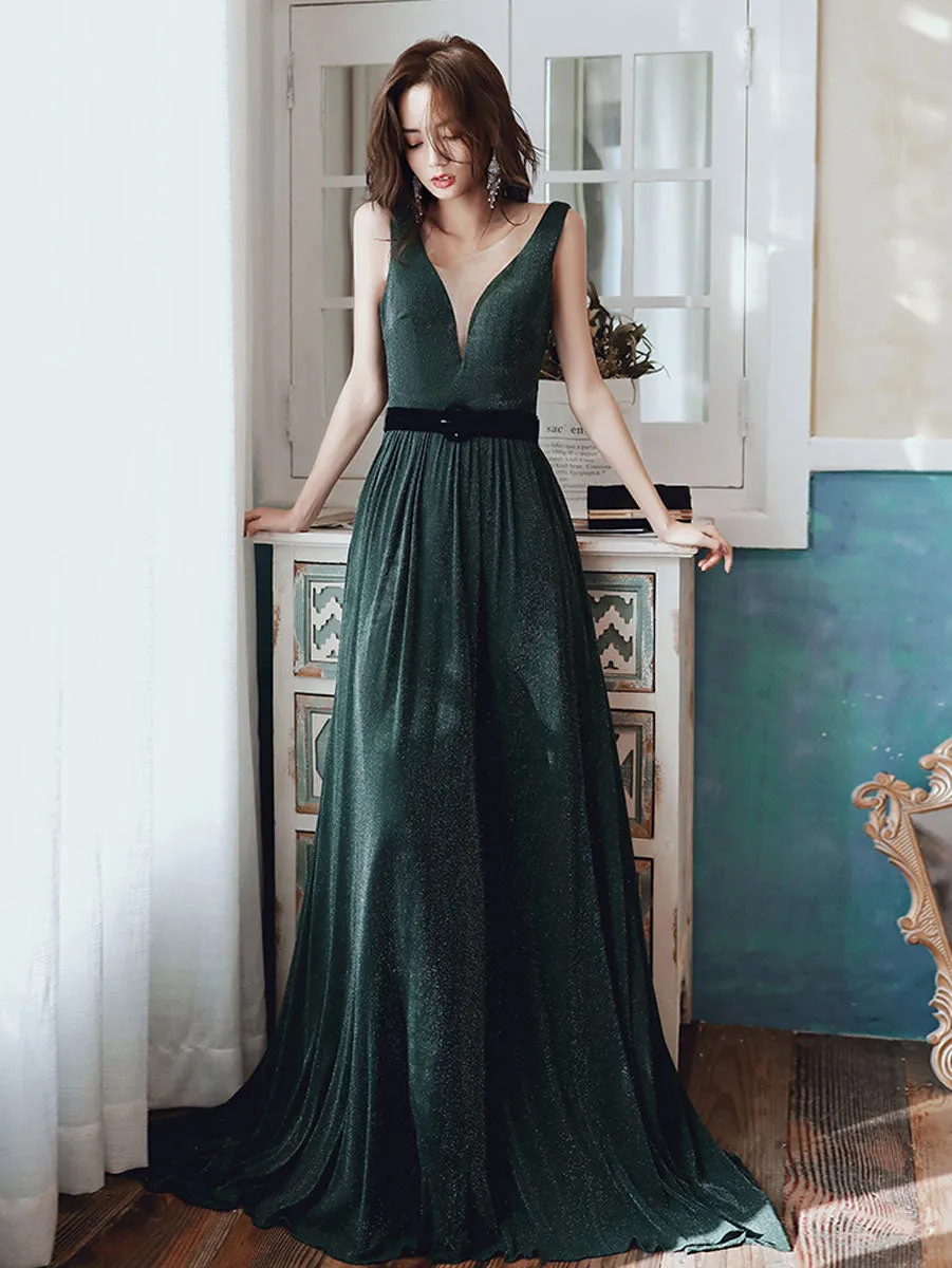 Simple Green V Neck Long Prom Dresses, Green Evening Dresses