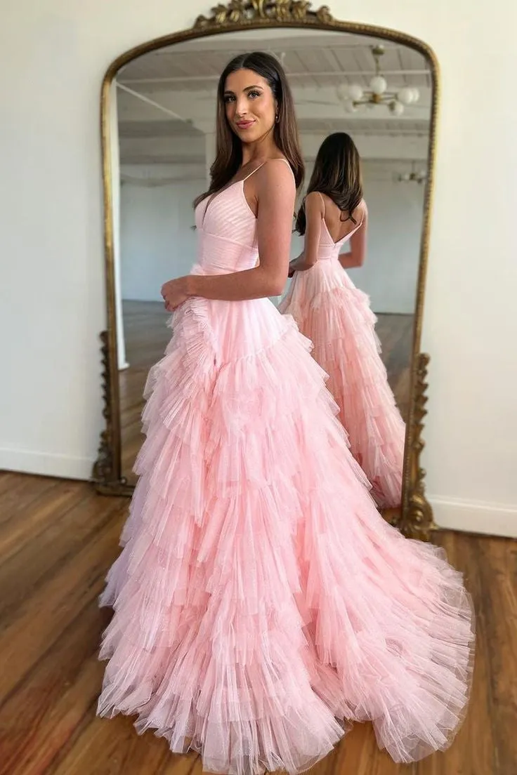 Spaghetti Long A-line Prom Dresses, Soft Pink Ruffled Prom Dresses, Princess Dresses, Party Dresses, Newest Prom Dresses