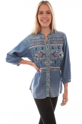 Spirit Of The West Aztec Print Embroidered Denim Button Up Blouse (DS)