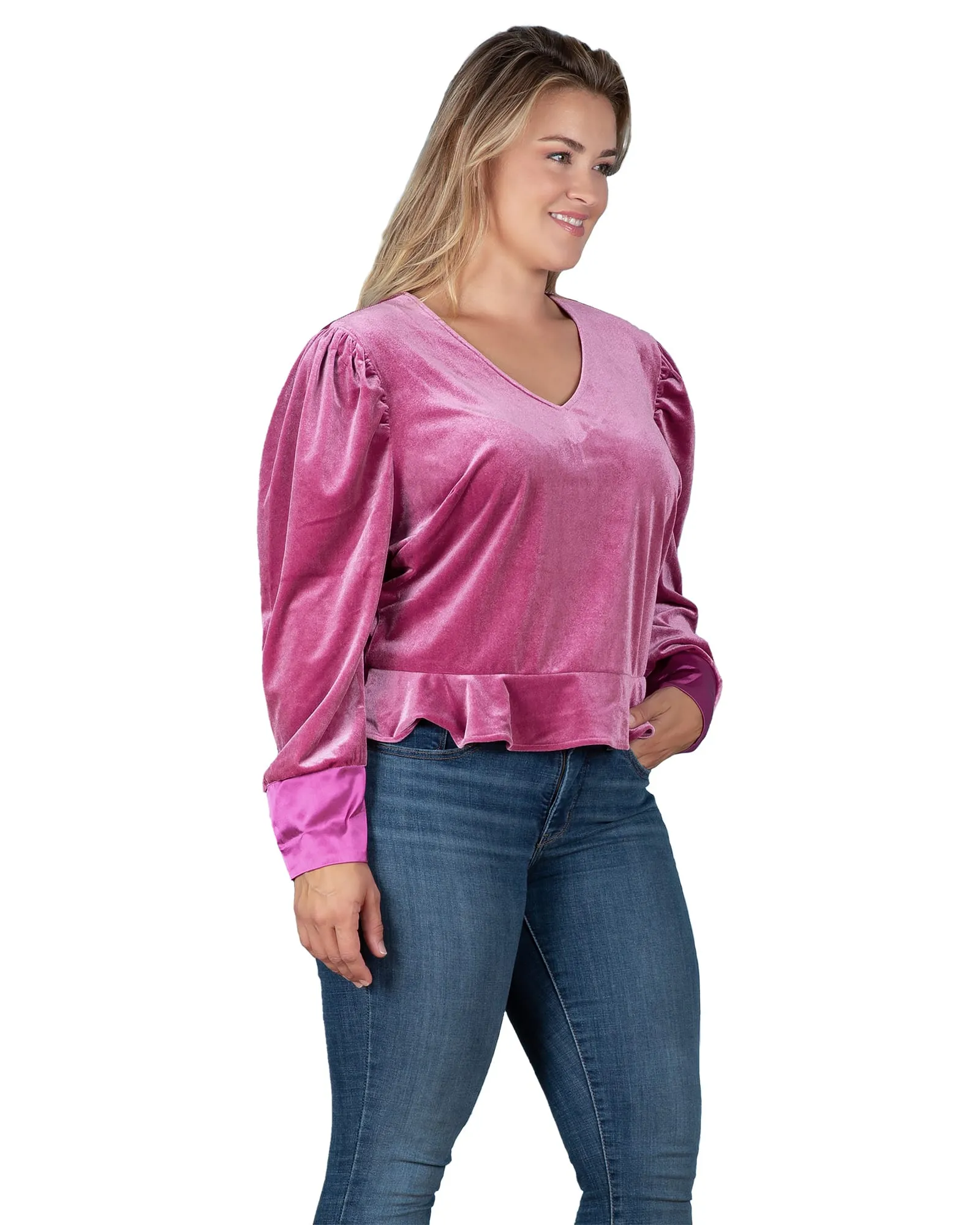 Stretch Velvet Peplum Top | Rose