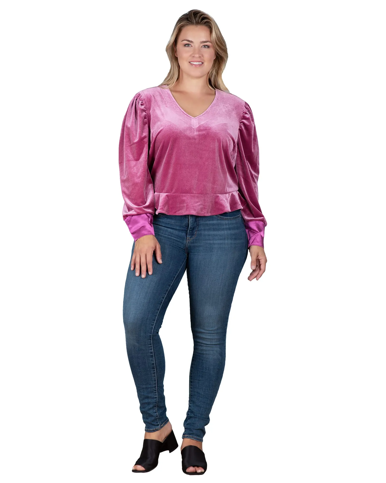 Stretch Velvet Peplum Top | Rose