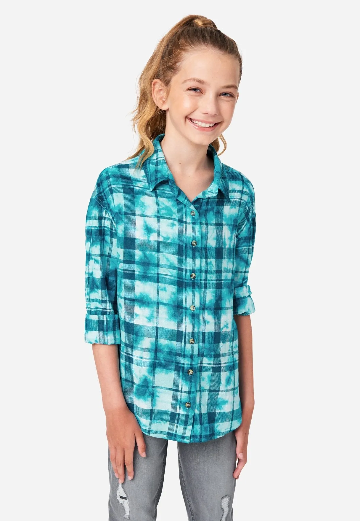 Tie-Dye Plaid Button-Up Top