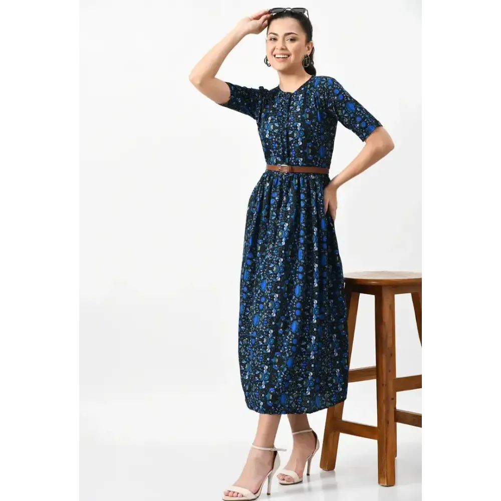 Trendy Women fit and flare long dress with belt.