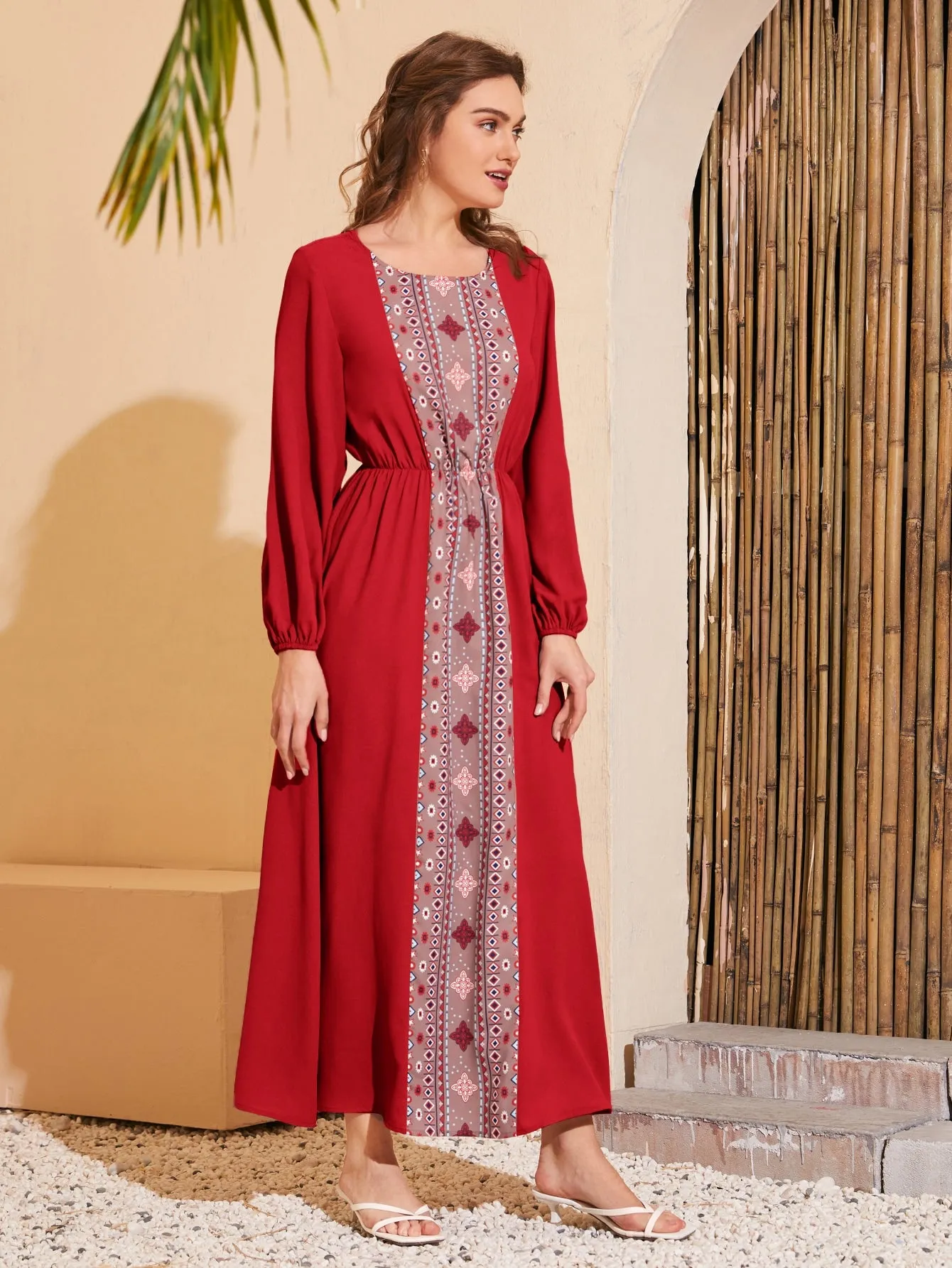 Tribal Long Sleeve Round Neck Flared High Waist Long Dress