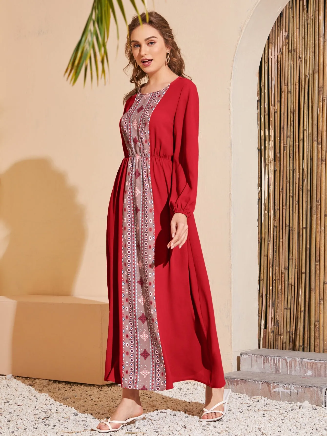 Tribal Long Sleeve Round Neck Flared High Waist Long Dress