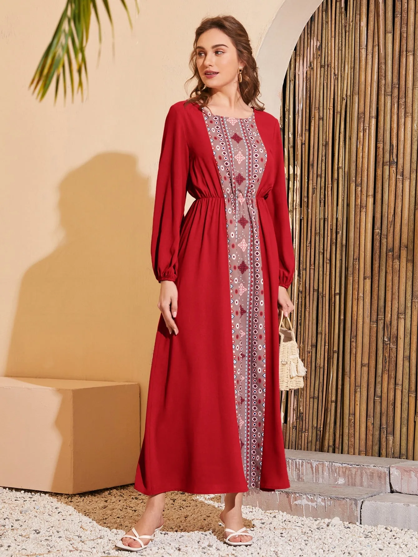 Tribal Long Sleeve Round Neck Flared High Waist Long Dress