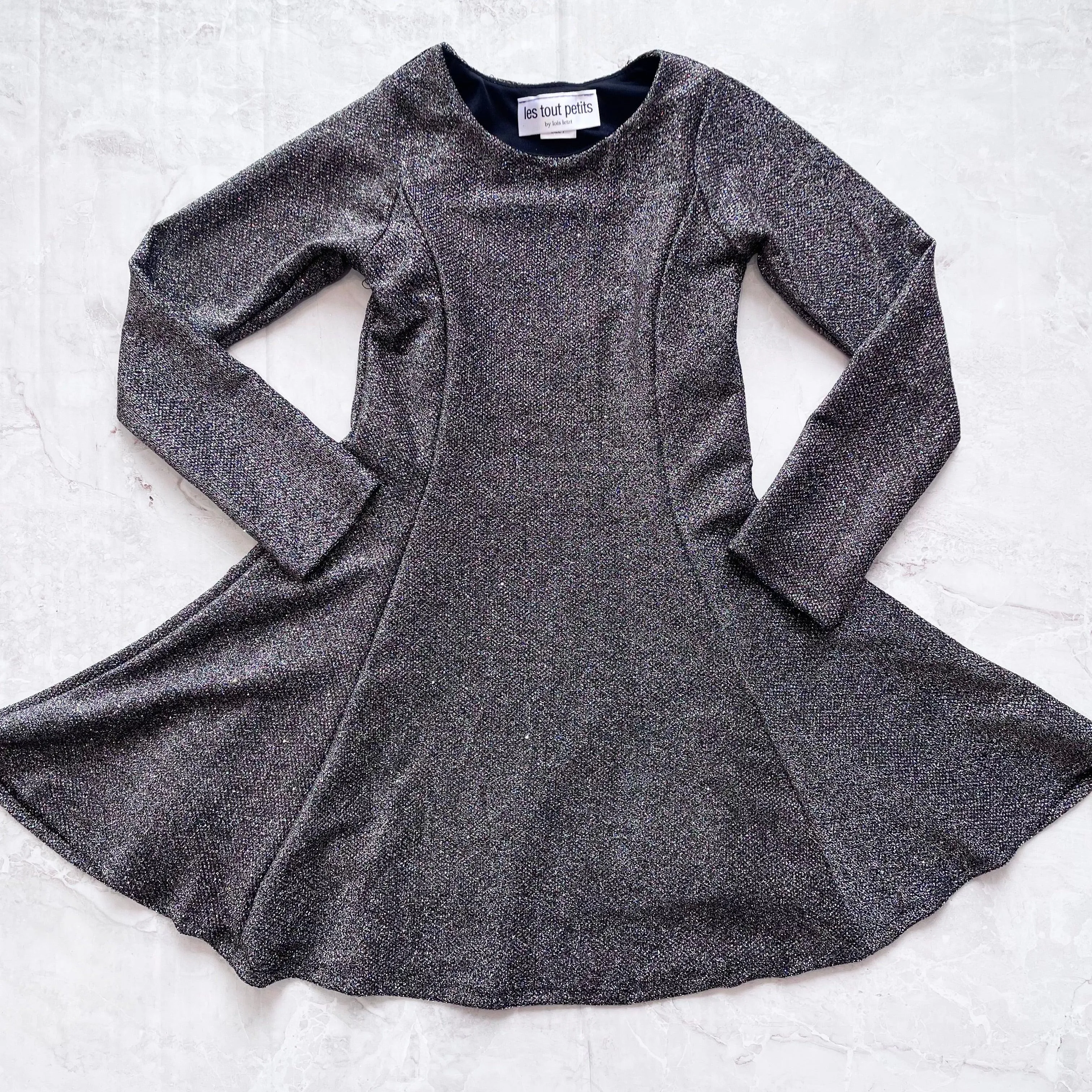 Tween Dresses | Long Sleeve Flare Dress in Platinum Sparkle | Les Tout Petits