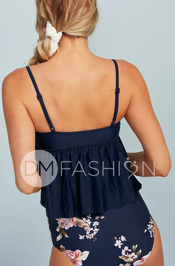 V Peplum Tankini Top - Navy