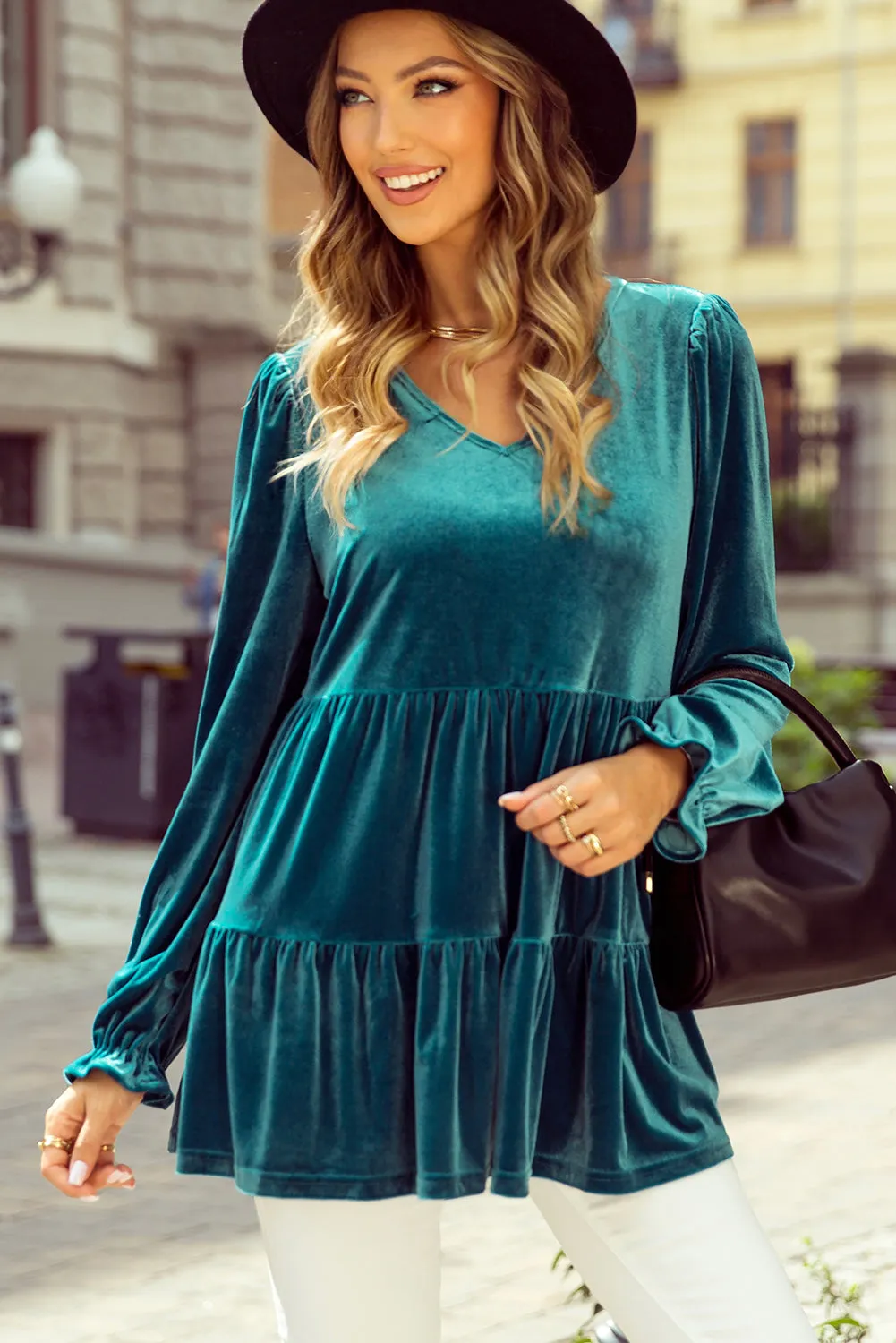 Velvet V Neck Peplum Hem Blouse