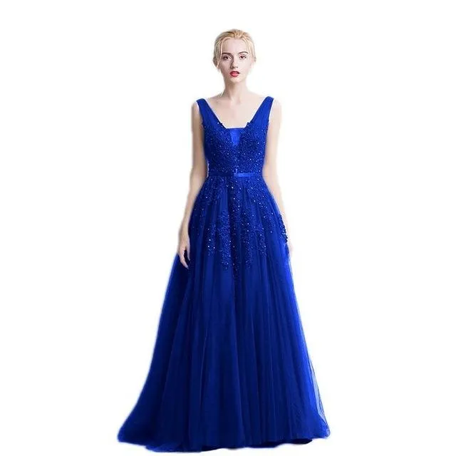 Vestido de festa Evening Dress Robe De Soiree V Neck with Lace Appliques Long Tulle Party Evening Dresses 2018 Pink Navy Blue