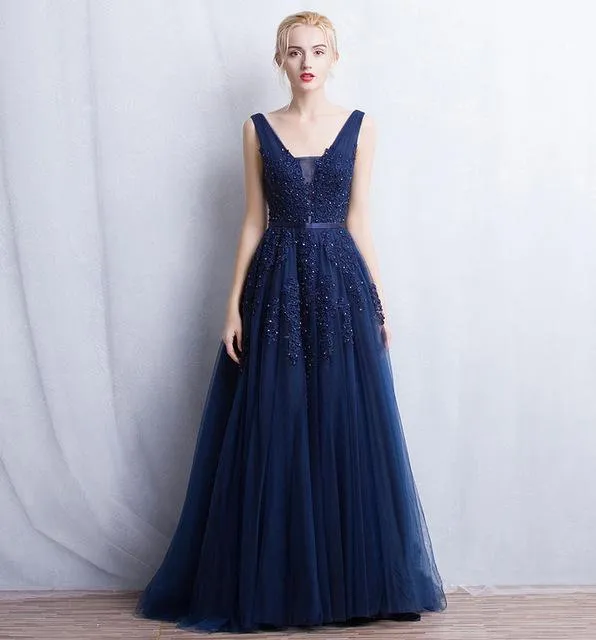 Vestido de festa Evening Dress Robe De Soiree V Neck with Lace Appliques Long Tulle Party Evening Dresses 2018 Pink Navy Blue