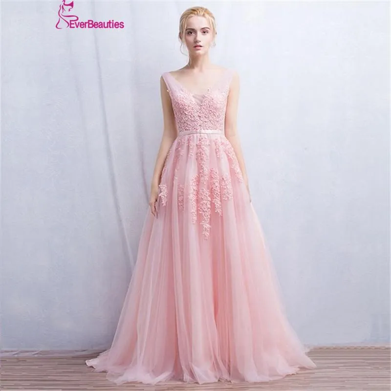 Vestido de festa Evening Dress Robe De Soiree V Neck with Lace Appliques Long Tulle Party Evening Dresses 2018 Pink Navy Blue